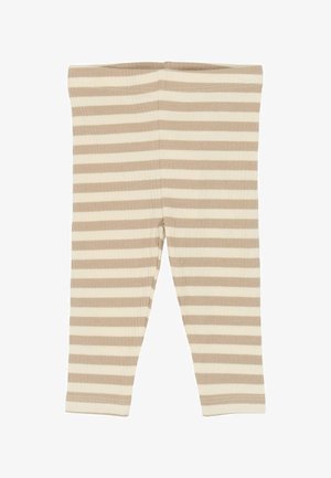 Béžové a biele horizontálne pruhované rebrované pletené detské legíny s priliehavým elastickým pásom.