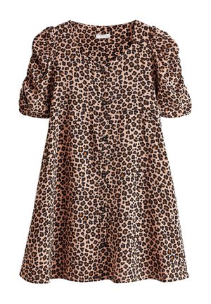 Leopardmuster Kleid aus einem weichen rosafarbenen Stoff, mit Puffärmeln, einer durchgehenden Knopfleiste und einer locker sitzenden Silhouette.