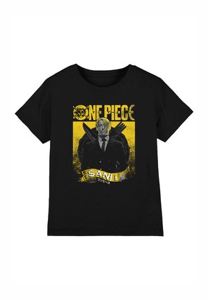 Black cotton t-shirt featuring a graphic print of a character in a suit with yellow accents, surrounded by a circular design and text.
