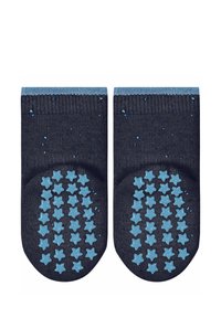 Marineblaue Knöchelsocken mit hellblauen sternförmigen Silikonbeschichtungen an den Sohlen; strukturierter Stoff mit Sprenkeln für zusätzliche Details.