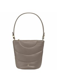 Borsa a secchiello grigia in pelle con design curvo, texture liscia, dettagli in metallo dorato e tracolla regolabile.