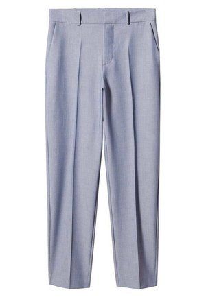 Pantalon habillé bleu clair avec plis devant, poches latérales, passants pour ceinture et coupe ajustée sur fond blanc.