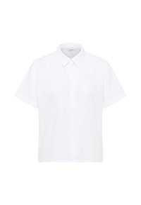 Camicia bianca a maniche corte con collo a punta, linee pulite e materiale in cotone liscio; presenta un orlo dritto e dettagli minimi.