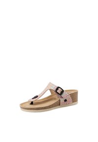 Sandal con tacco wedge e infradito, con tomaia intrecciata multicolore, accentuata da una fibbia nera, soletta imbottita e suola in sughero chiaro.