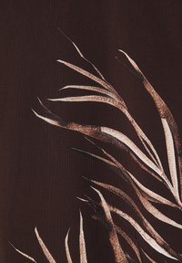 Textile featuring a dark brown background with abstract, light gold and black leaf patterns; smooth texture with detailed brush strokes.
