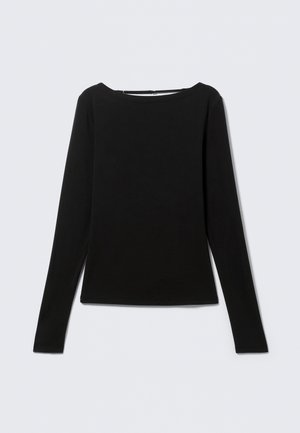 Haut noir ajusté à manches longues avec un col rond, présenté à plat sur un fond gris clair.