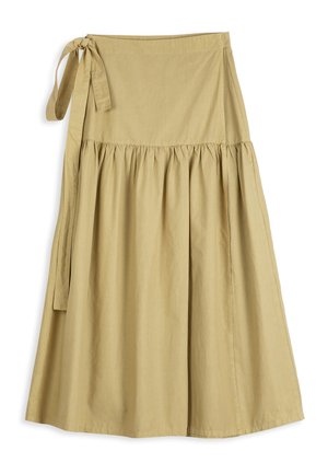 Béžová midi zavinovacia sukňa so zberaným pásom a bočným zaväzovaním, vyrobená z ľahkej tkaniny.