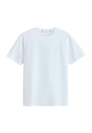 Plain hvid T-shirt med korte ærmer og rund halsudskæring med en lille diskret logo på venstre bryst.