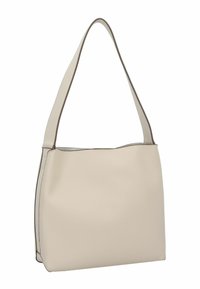 Bolso de mano de cuero beige con una textura suave, que cuenta con una sola correa para el hombro y un ribete oscuro en contraste a lo largo de los bordes.
