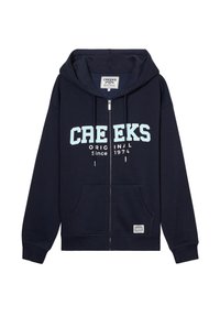 Felpa con zip di colore blu navy realizzata in cotone. Presenta un grande logo "CREEKS" di colore azzurro, tasche a marsupio e cappuccio con cordino.