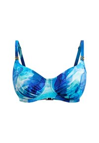 Bikini-toppi, jossa on kuppituen langat ja eri sävyisiä sinisiä, varustettuna kerätyllä kankaalla, säädettävillä olkaimilla ja kultaisilla yksityiskohdilla.