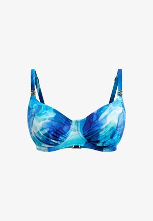 Bikini-top met beugel in verschillende tinten blauw, met geraffineerde stof, verstelbare banden en gouden accenten.