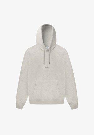 Svetlosivá mikina s kapucňou, raglánovými rukávmi, klokaniou vreckom, šnúrkami a malým vyšitým logom na hrudi. Mäkko texturovaná látka.