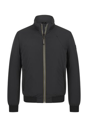 Schwarze, leichte Bomberjacke mit Reißverschluss, gerippten Bündchen und Kragen; verfügt über Seitentaschen und eine dezente Markenkennzeichnung.