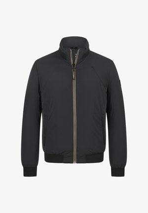 Schwarze, leichte Bomberjacke mit Reißverschluss, gerippten Bündchen und Kragen; verfügt über Seitentaschen und eine dezente Markenkennzeichnung.