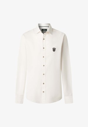 Witte lange mouwen blouse van katoen met een knoopsluiting aan de voorkant, voorzien van een klein geborduurd logo op de linkerborst en bruine knopen.