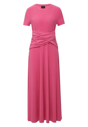 Roze jurk met korte mouwen, voorzien van een geraffineerde, textuurgegeven taille, vloeiende rok en zachte stof. Rechte snit, knielange ontwerp.