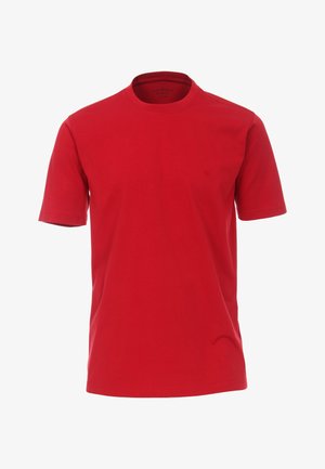 Rotes T-Shirt mit kurzen Ärmeln aus Baumwolle. Verfügt über einen Rundhalsausschnitt und ein kleines Logo auf der linken Brust. Glatte Textur und einfarbig.