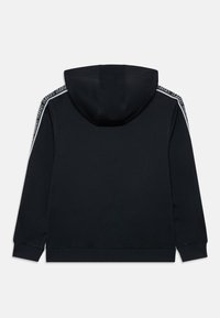 Black hooded sweatshirt with long sleeves and white logo stripe detailing along the shoulders and upper sleeves.