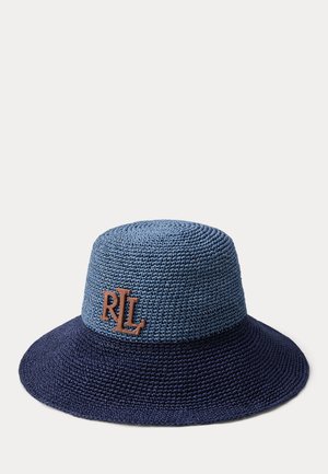 Dwukolorowy pleciony kapelusz typu bucket w odcieniach niebieskiego i granatowego z brązowym logo "RLL" z przodu.