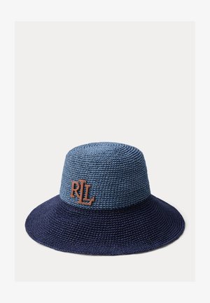 Dwukolorowy pleciony kapelusz typu bucket w odcieniach niebieskiego i granatowego z brązowym logo "RLL" z przodu.