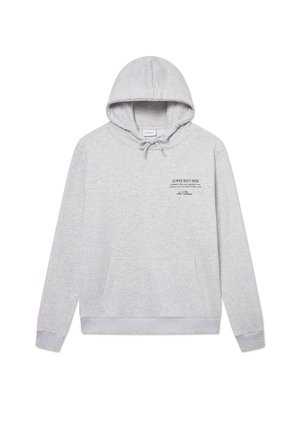 Huppari harmaa puuvillasekoitetta, jossa on etupuolella kengurutasku, nauhakuusi ja painettu teksti rinnassa.