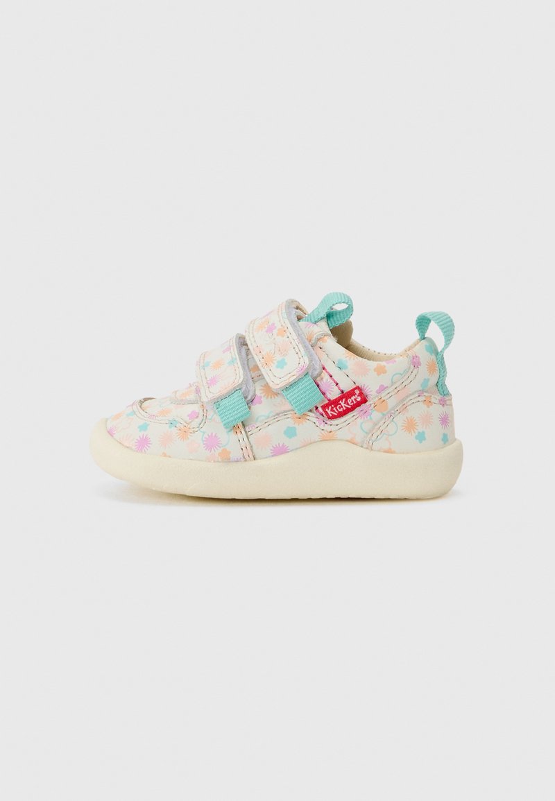Chaussures pour tout-petits avec velcro, ornées d'un motif floral aux couleurs pastel, dessus en tissu doux et semelle en caoutchouc beige, avec une boucle à l'arrière.