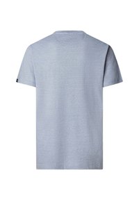 T-shirt semplice in cotone grigio chiaro a maniche corte, vista da dietro con scollo rotondo e dettagli di cuciture minime.