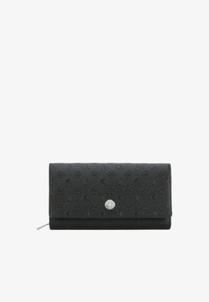 Portefeuille en cuir noir avec motif en relief, fermeture à pression en argent et détails de couture. Forme rectangulaire, texture lisse et compartiment zippé.