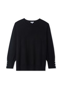 Czarny dziany sweter z długimi rękawami, okrągłym dekoltem i guzikami przy mankietach. Miękka tekstura, prosty krój i minimalistyczny design.