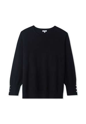 Maglione nero lavorato a maglia con maniche lunghe, scollatura arrotondata e dettagli con bottoni ai polsini. Texture morbida, silhouette dritta e design minimale.