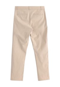 Beige bavlněné kalhoty se střihem rovného nohavice, se dvěma zadními kapsami a hladkou texturou. Minimalistický design, bez viditelných ozdob.