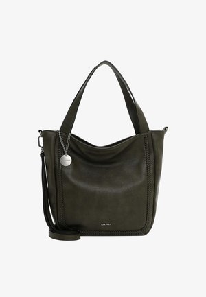 Olive roheline nahast käekott, millel on punutud detailid, kaks õlavarre rihma, eemaldatav rihm ja hõbedane logo. Sile tekstuur.