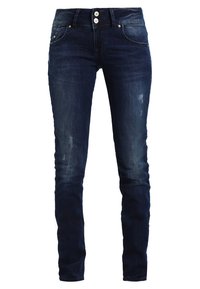 Jeans in denim scuro slim fit con macchie sbiadite, cinque tasche e chiusura a doppio bottone. Materiale morbido con una leggera elasticità.
