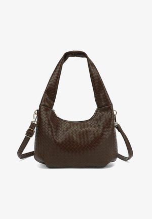 Rjava tkanina iz usnja v obliki obrnjene krogle, širokim ramenskim trakom in nastavljivim čezramenskim trakom. Ima zadrgo na vrhu za zapiranje.