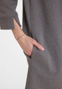 Graues Kleid mit vertikalen Nadelstreifen, mit einer Hand in einer Seitentasche. Der Ärmel hat ein Schlitzdetail. Weicher Stoff mit subtiler glänzender Oberfläche.