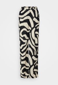 Zwart-wit gestreepte wijde broek gemaakt van een lichtgewicht stof, met een elastische tailleband en een gedurfde abstracte design.