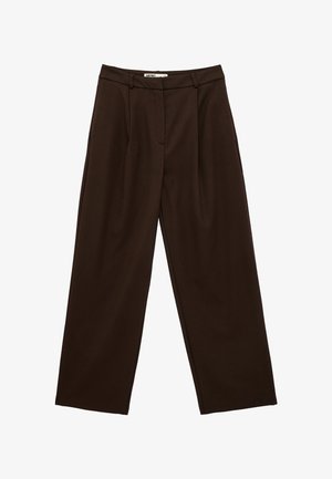 Dunkelbraune, hoch taillierte, weit geschnittene Hose mit Gürtelschlaufen und vorderen Falten, entworfen für eine entspannte Passform.
