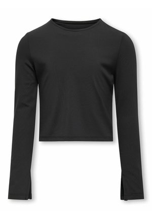 Czarny, długa rękaw cropped top wykonany z gładkiego, elastycznego materiału. Posiada okrągły dekolt i boczne rozporki na dole.