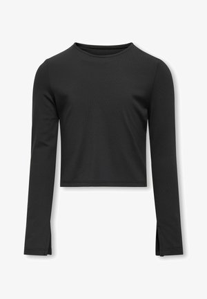 Sort langærmet cropped top lavet af glat, strækbart stof. Har en rund udskæring og sideslids ved kanten.