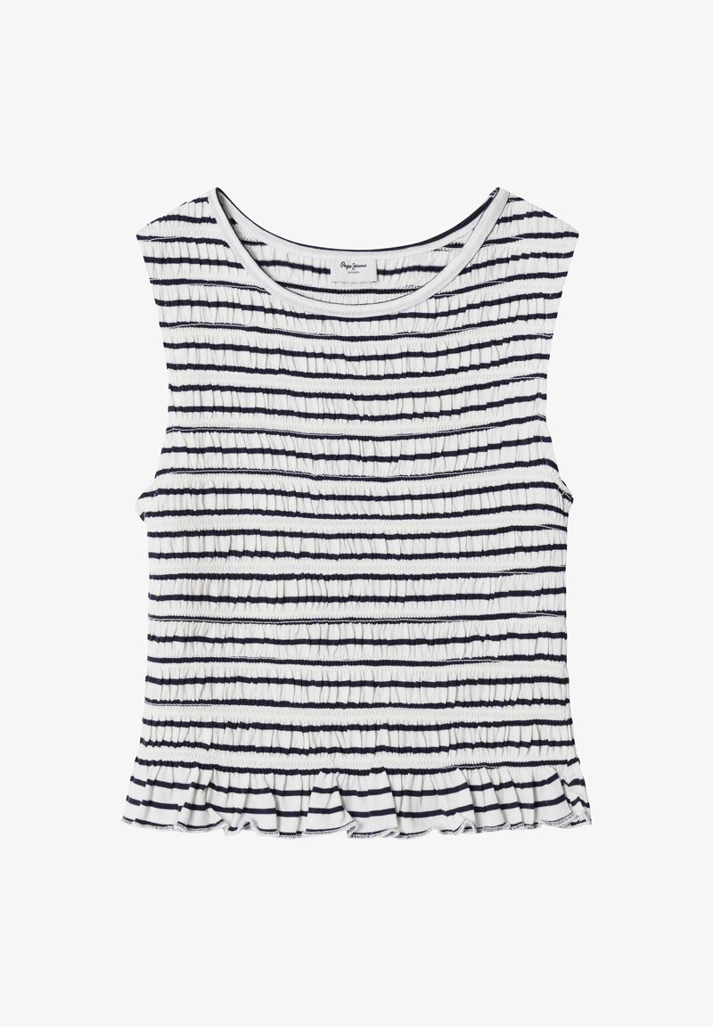 Triibuline tuunika, millel on laevastiku sinine ja valge värv, soonikkoeline tekstuur ning laiuv volditud ääreosa. Ümmargune kaelus ja varrukateta disain.