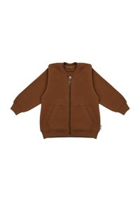 Brązowa kurtka na zamek błyskawiczny z długimi rękawami, ściągaczami na mankietach i dwiema przednimi kieszeniami. Wykonana z miękkiego, teksturowanego materiału z okrągłym dekoltem.