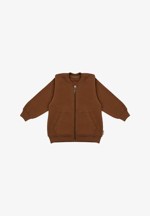 Brązowa kurtka na zamek błyskawiczny z długimi rękawami, ściągaczami na mankietach i dwiema przednimi kieszeniami. Wykonana z miękkiego, teksturowanego materiału z okrągłym dekoltem.
