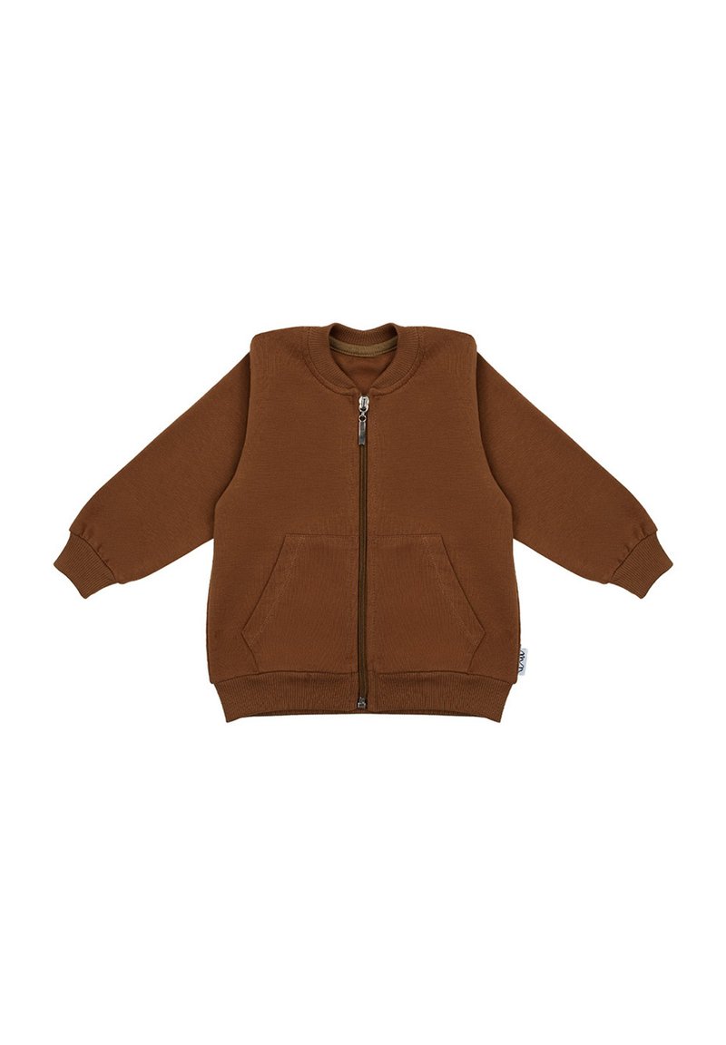 Brązowa kurtka na zamek błyskawiczny z długimi rękawami, ściągaczami na mankietach i dwiema przednimi kieszeniami. Wykonana z miękkiego, teksturowanego materiału z okrągłym dekoltem.