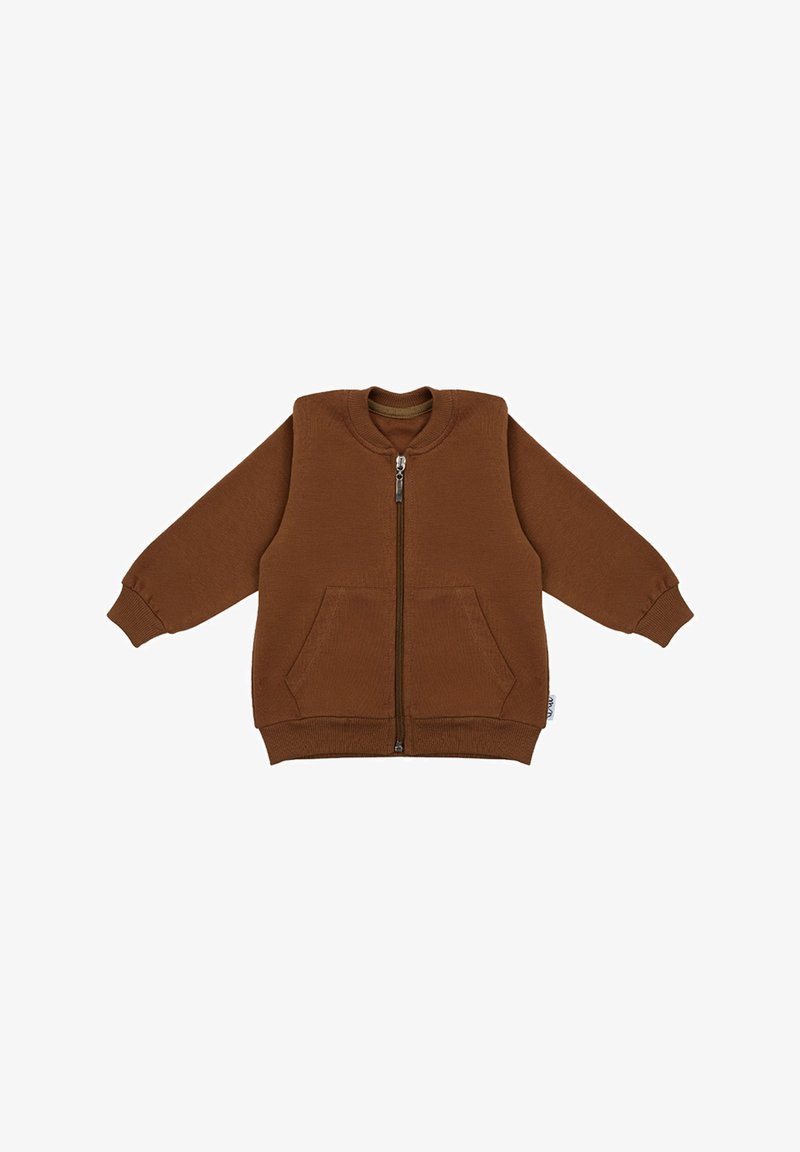 Brązowa kurtka na zamek błyskawiczny z długimi rękawami, ściągaczami na mankietach i dwiema przednimi kieszeniami. Wykonana z miękkiego, teksturowanego materiału z okrągłym dekoltem.