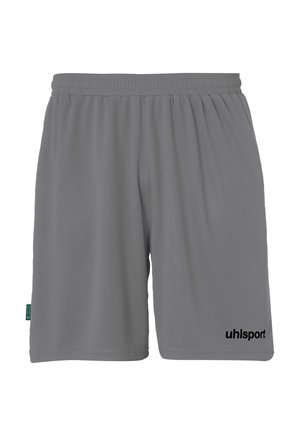 Gray athletic shorts with elastic waistband, small green size tag on left side, and black "uhlsport" logo on bottom right leg.