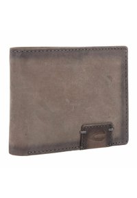 Gray leather wallet with a smooth texture, featuring simple stitching and a small embossed logo accent on one side.