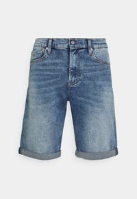 Denim shorts in light blue with a faded wash, rolled cuffs, standard five-pocket design, and metal button closure.