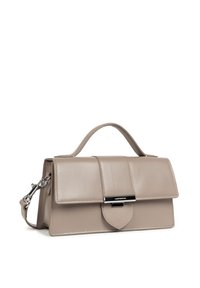 Borsa a mano in pelle beige con un design strutturato, manico superiore, chiusura a scatto e tracolla rimovibile. Presenta una superficie liscia e cuciture precise.