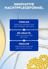 Produkteigenschaften Texttafeln mit blauen Hintergründen, die Inhaltsstoffe angeben: Reines Q10, Bio-Arganöl und Squalan, auf einem verlaufenden blauen Hintergrund.